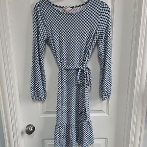 Boden Blue and White Sheath Dress with Bishop Sleeves